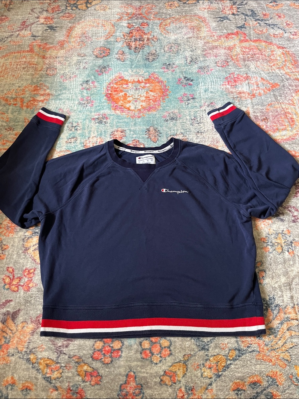 Champion Navy Crewneck Sweatshirt with Red & White Stripe Trim